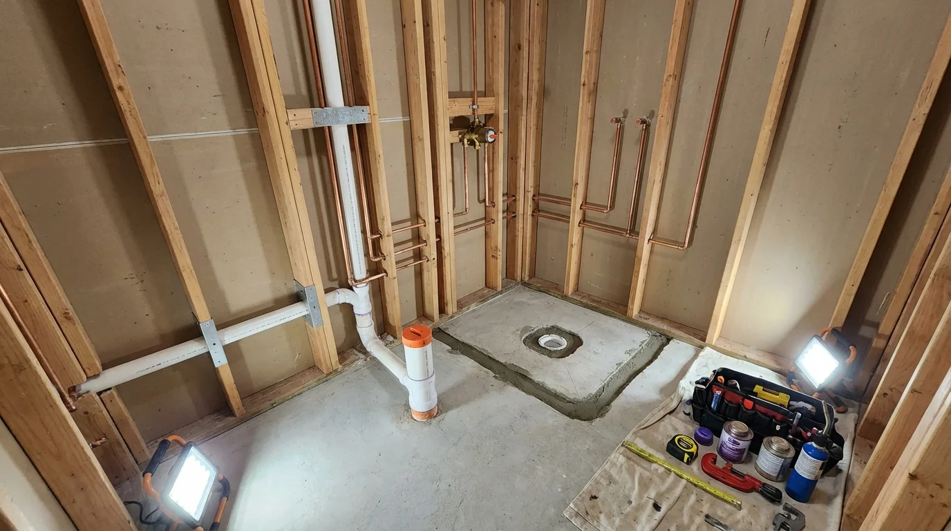 Bathroom rough-in plumbing during remodel by Johns Plumbing LLC in Keene