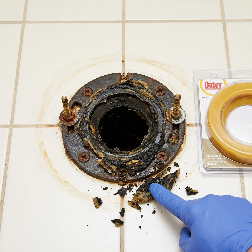 Failed wax ring showing water seepage at the base of a toilet in a Keene, NH home
