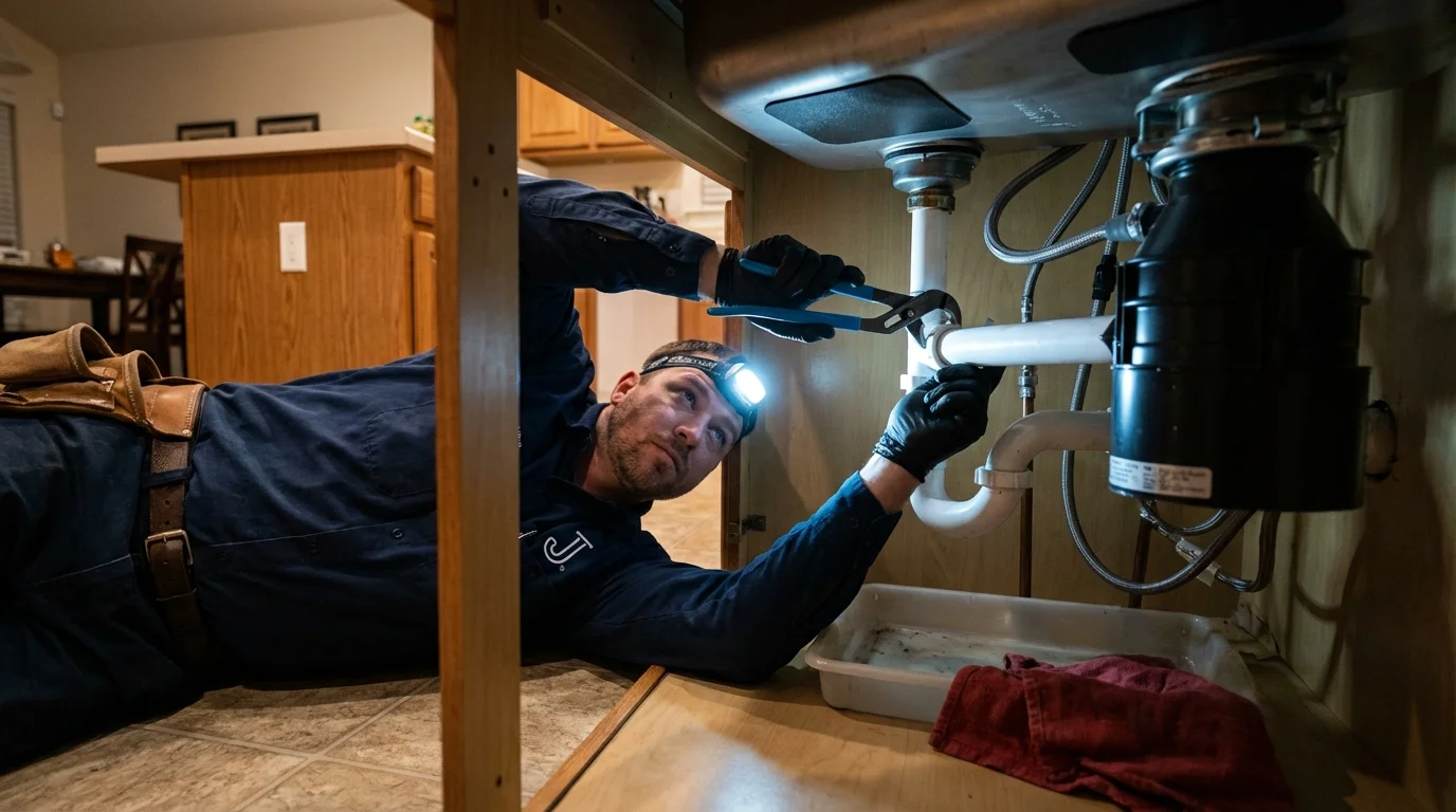 P-trap and supply line connections under a kitchen sink showing a common leak point in Keene, NH